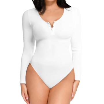 Popilush Long Sleeve Shapewear Bodysuit Tummy Control Henley Button Up Modal Scoop Neck Body Suit Ta...
