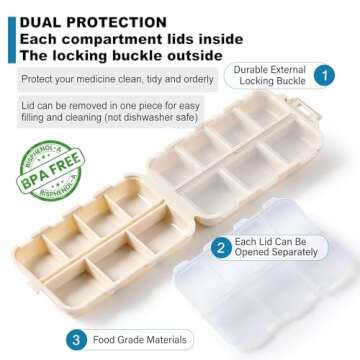 14 GRIDS Travel Pill Organizer Box with Labels - Travel Medicine Case Kit - Pocket Daily Pharmacy Container - Travel Medication Holder Dispenser for Fish Oil Vitamin Supplement Storage - Khaki