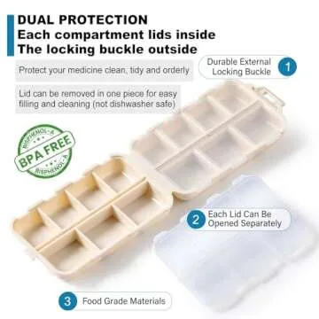 14 GRIDS Travel Pill Organizer Box with Labels - Travel Medicine Case Kit - Pocket Daily Pharmacy Container - Travel Medication Holder Dispenser for Fish Oil Vitamin Supplement Storage - Khaki