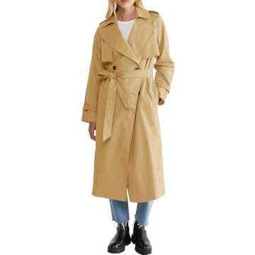 Cicy Bell Womens Long Trench Coat Double Breasted Classic Lapel Overcoat Fall Outerwear With Belt