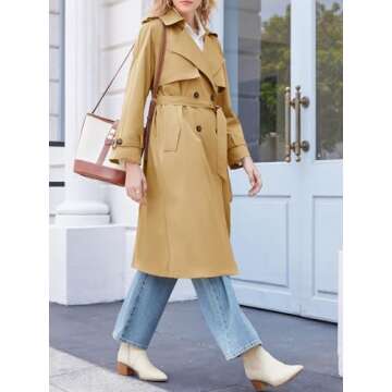 Cicy Bell Womens Long Trench Coat Double Breasted Classic Lapel Overcoat Fall Outerwear With Belt