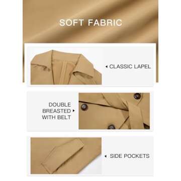 Cicy Bell Womens Long Trench Coat Double Breasted Classic Lapel Overcoat Fall Outerwear With Belt