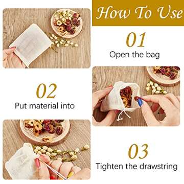 TUZAZO 50 Pack Reusable Tea Bags, Natural Unbleached Cotton Cheesecloth Bags for Straining, Drawstring Muslin Bags, Sachet Bags, Coffee Tea Brew Bags (3 x 4 inch)