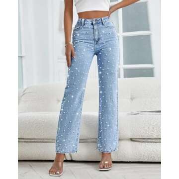 EZAPINE Pearl Jeans for Women High Waisted Straight Leg Flare Bootcut Denim Pants Stretchy Relaxed F...