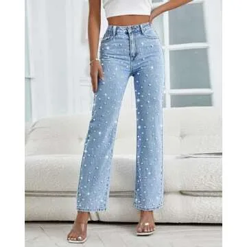 EZAPINE Pearl Jeans for Women High Waisted Straight Leg Flare Bootcut Denim Pants Stretchy Relaxed F...