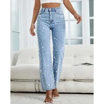 EZAPINE Pearl Jeans for Women High Waisted Stretchy Denim