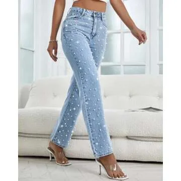 EZAPINE Pearl Jeans for Women High Waisted Stretchy Denim