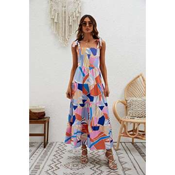 kinstell Women's Summer Boho Spaghetti Strap Square Neck Ruffle Casual Flowy Long Dress Beach Swing Party Maxi Dress