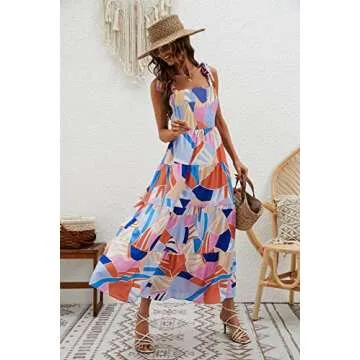 kinstell Women's Summer Boho Spaghetti Strap Square Neck Ruffle Casual Flowy Long Dress Beach Swing Party Maxi Dress