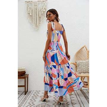 kinstell Women's Summer Boho Spaghetti Strap Square Neck Ruffle Casual Flowy Long Dress Beach Swing Party Maxi Dress