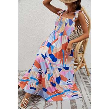 kinstell Women's Summer Boho Spaghetti Strap Square Neck Ruffle Casual Flowy Long Dress Beach Swing Party Maxi Dress