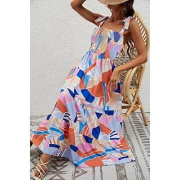 kinstell Women's Summer Boho Spaghetti Strap Square Neck Ruffle Casual Flowy Long Dress Beach Swing Party Maxi Dress