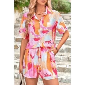 PRETTYGARDEN Women Summer 2 Piece Beach Outfits Printed Short Sleeve Tops Lounge Shorts Casual Tracksuit Set (Pink,Small)
