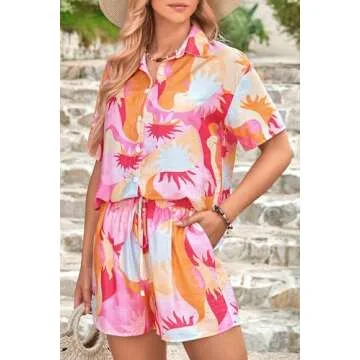 PRETTYGARDEN Women Summer 2 Piece Beach Outfits Printed Short Sleeve Tops Lounge Shorts Casual Tracksuit Set (Pink,Small)