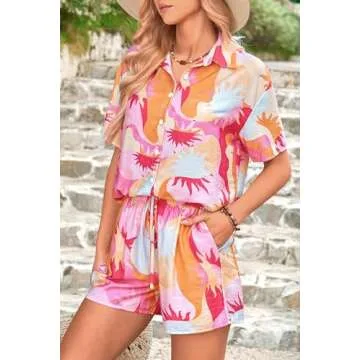 PRETTYGARDEN Women Summer 2 Piece Beach Outfits Printed Short Sleeve Tops Lounge Shorts Casual Tracksuit Set (Pink,Small)