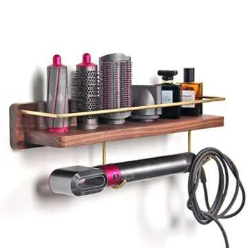 Wall Mounted Holder Compatible with Dyson Airwrap Hair Curling Wand Brush Barrel Bathroom Shelf Tray Wood Stand Home Bedroom Hair Salon Storage Organizer with Hook