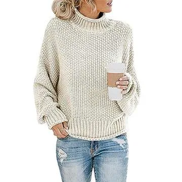 Women's Casual Long Sleeve Pullover Sweaters Mock Neck Oversized Ribbed Knit 2024 Fall Winter Sweater Jumper Tops Lightweight Sweaters for Women Summer Gifts White