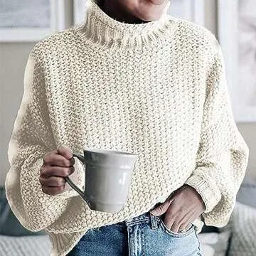 Women's Casual Long Sleeve Pullover Sweaters Mock Neck Oversized Ribbed Knit 2024 Fall Winter Sweater Jumper Tops Lightweight Sweaters for Women Summer Gifts White
