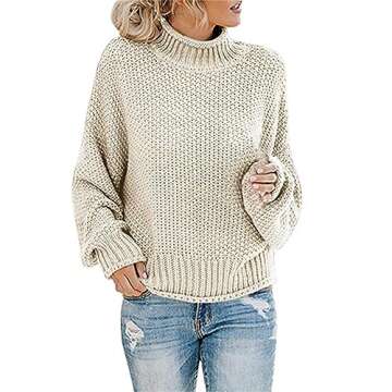 Women's Casual Long Sleeve Pullover Sweaters Mock Neck Oversized Ribbed Knit 2024 Fall Winter Sweater Jumper Tops Lightweight Sweaters for Women Summer Gifts White