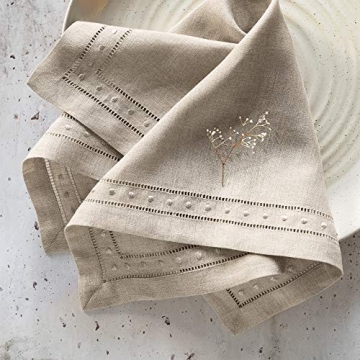 Linen Napkins Set of 4-100% Pure Linen Natural Embroidered Dinner Napkins 18 x 18 inch - Classic Hemstitch Cloth Napkins Washable for Valentines Day