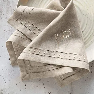 Linen Napkins Set of 4-100% Pure Linen Natural Embroidered Dinner Napkins 18 x 18 inch - Classic Hemstitch Cloth Napkins Washable for Valentines Day