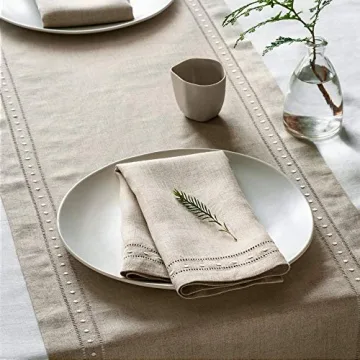 Linen Napkins Set of 4-100% Pure Linen Natural Embroidered Dinner Napkins 18 x 18 inch - Classic Hemstitch Cloth Napkins Washable for Valentines Day