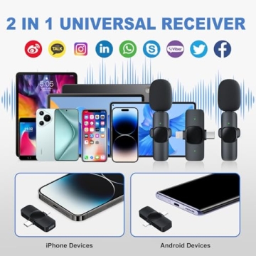 RIKGYHA 2 Pack Wireless Lavalier Microphone for iPhone/Android Phone, USB C Wireless Lav Mic, 4 Pickup Modes, Noise Cancellation, Mini Lapel Mic for Video Recording Podcast YouTube TikTok