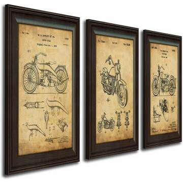 Framed Harley Davidson Patent Prints - 3 Bike Set