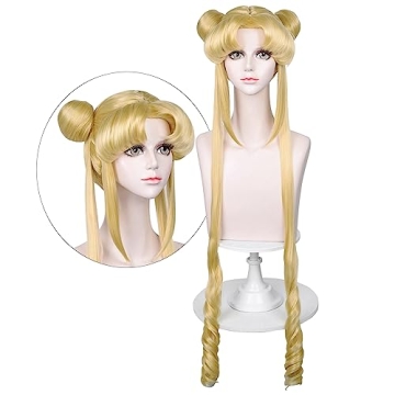 LABEAUTÉ Long Curly Blonde Ponytails Wig with Buns for Women Girls Cosplay Costume Anime Blonde Pig...