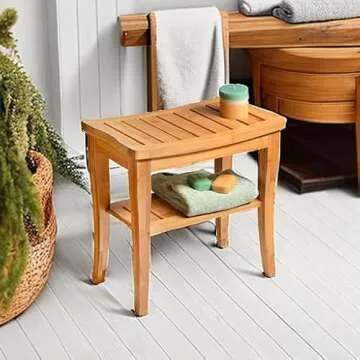 Bamboo Shower Bench Spa Stool - Wood 2-Tier Seat, Non-Slip Feet + Storage Shelf for Bathroom, Living...