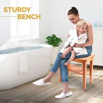 Stylish Bamboo Shower Bench with Non-Slip Feet & Storage Shelf