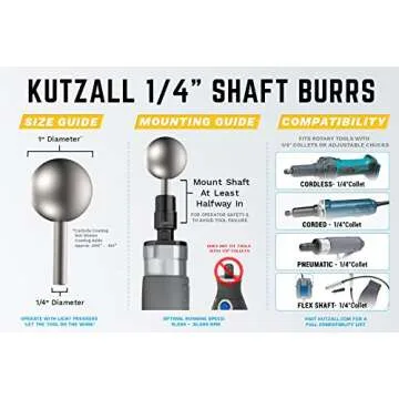 Kutzall Original Sphere Rotary Burr, 1⁄4" Shaft, Fine - Woodworking Attachment for Bosch, DeWalt, Milwaukee Tools. Abrasive Tungsten Carbide Coating, 1" (25.4mm) Head Diameter, S-1G