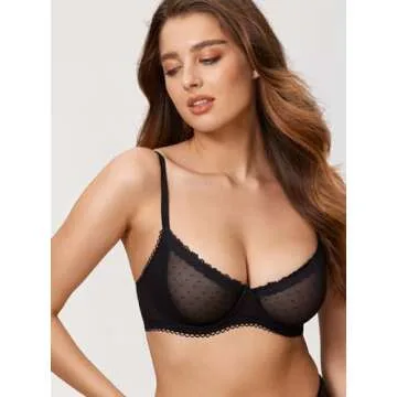 DOBREVA Women's Balconette Lace Bra See Through Demi Sheer Mesh Plus Size Underwire Black 34B