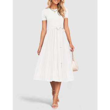 ZESICA Womens 2025 Summer Short Sleeve Midi Dresses Casual Crew Neck Knit Belted Pleated A Line Flow...