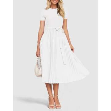 ZESICA Womens 2025 Summer Short Sleeve Midi Dresses Casual Crew Neck Knit Belted Pleated A Line Flowy Wedding Guest Dress,White,Medium