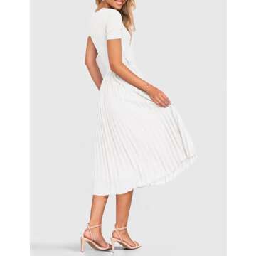 ZESICA Womens 2025 Summer Short Sleeve Midi Dresses Casual Crew Neck Knit Belted Pleated A Line Flowy Wedding Guest Dress,White,Medium