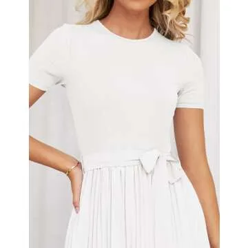 ZESICA Womens 2025 Summer Short Sleeve Midi Dresses Casual Crew Neck Knit Belted Pleated A Line Flowy Wedding Guest Dress,White,Medium