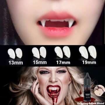 Go Ho Vampire Fangs Teeth and Fake Blood Makeup,Sticky Blood,Black Lipstick,4 Pairs 4 Sizes Fangs with Adhesive,Vampire Accessories for Halloween Costumes Cosplay