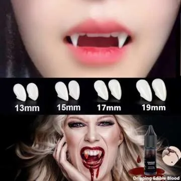 Go Ho Vampire Fangs Teeth and Fake Blood Makeup,Sticky Blood,Black Lipstick,4 Pairs 4 Sizes Fangs with Adhesive,Vampire Accessories for Halloween Costumes Cosplay
