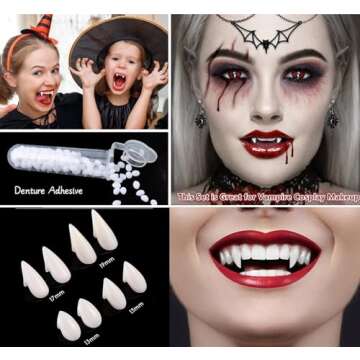 Go Ho Vampire Fangs Teeth and Fake Blood Makeup,Sticky Blood,Black Lipstick,4 Pairs 4 Sizes Fangs with Adhesive,Vampire Accessories for Halloween Costumes Cosplay