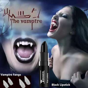Go Ho Vampire Fangs Teeth and Fake Blood Makeup,Sticky Blood,Black Lipstick,4 Pairs 4 Sizes Fangs with Adhesive,Vampire Accessories for Halloween Costumes Cosplay