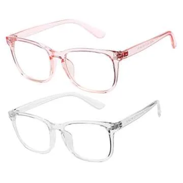 AZorb 2Pack Blue Light Blocking Glasses for Kids TR90 Unbreakable Computer Screen Glasses for Boys & Girls-2 Pack(Transparent pink+Transparent)
