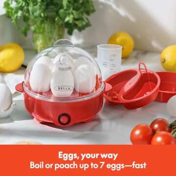 BELLA Rapid Electric Egg Cooker and Poacher with Auto Shut Off for Omelet, Soft, Medium and Hard Boiled Eggs - 7 Egg Capacity Tray, Single Stack, Red