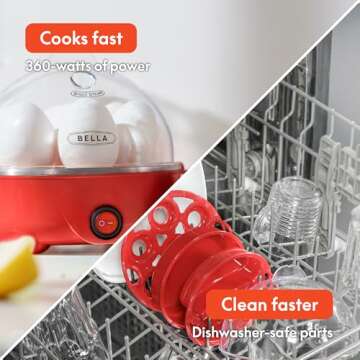 BELLA Rapid Electric Egg Cooker and Poacher with Auto Shut Off for Omelet, Soft, Medium and Hard Boiled Eggs - 7 Egg Capacity Tray, Single Stack, Red