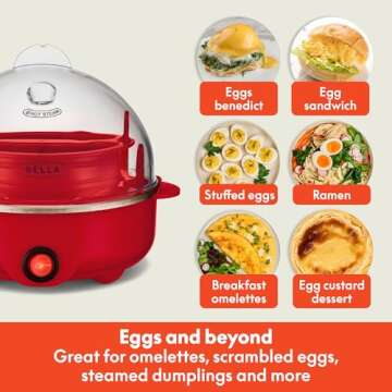 BELLA Rapid Electric Egg Cooker and Poacher with Auto Shut Off for Omelet, Soft, Medium and Hard Boiled Eggs - 7 Egg Capacity Tray, Single Stack, Red