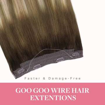GOO GOO Wire Hair Extensions Human Hair, 3/8/613 Walnut Brown with Ash Brown and Bleach Blonde Balay...