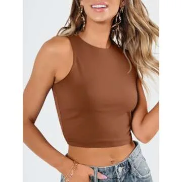 EFAN Womens Sexy Sleeveless High Neck Crop Tops Workout Cute Racerback Cropped Tank Tops Summer Clothes Teen Girls Brown M
