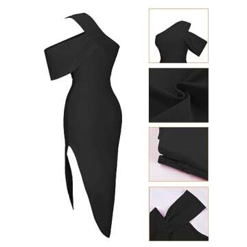 UONBOX Women's One Shoulder Side Split Asymmetrical Bodycon Sleeveless Midi Party Cocktail Bandage Dress(Black XS)