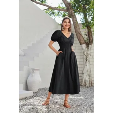 2024 Women's Summer Short Puff Sleeve Flowy Dress Black