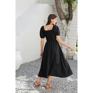 2024 Women's Summer Short Puff Sleeve Flowy Dress Black